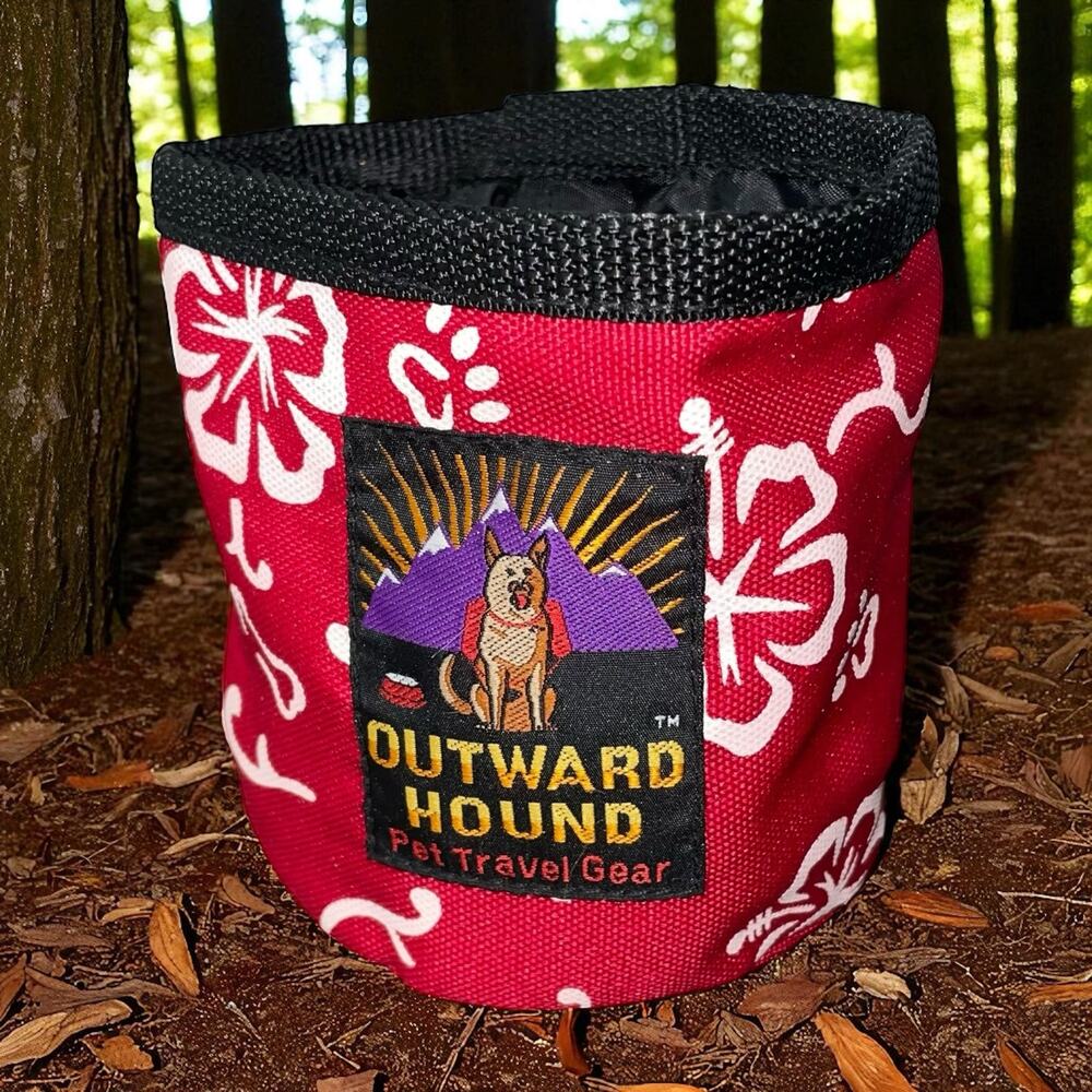 Outward Hound Dog Bowl Red Hawaiian Floral Collapsible 5" Travel Portable Dish